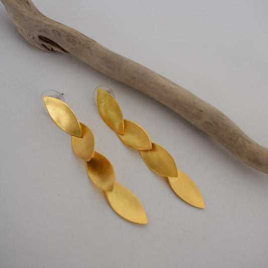 Elaia earrings in handmade Greek hammered jewelry design, available in 18K gold plated and 18K silver plated.
