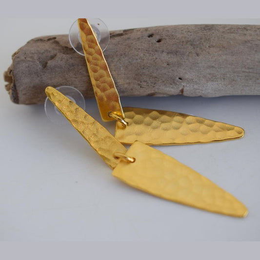 Hefaistos earrings in handmade Greek hammered jewelry design, available in 18K gold plated and 18K silver plated.