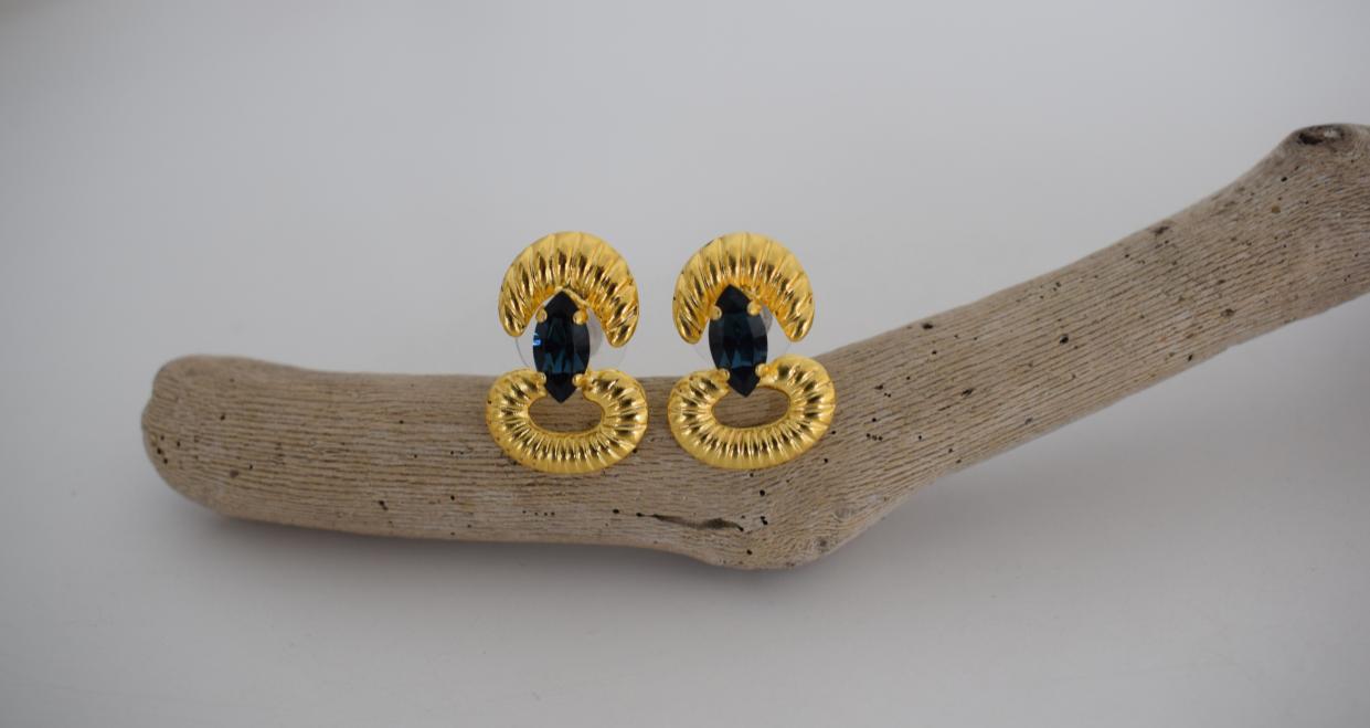 Helike sculptural crescent earrings with Swarovski crystal, handmade Greek hammered jewelry, available in gold or silver plated.