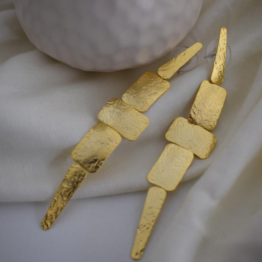 Apollon long geometric hammered earrings, handmade Greek jewelry, available in gold or silver plated.