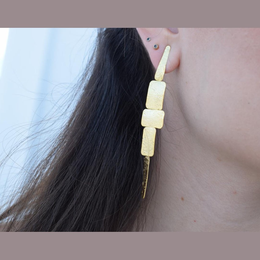 Apollon long geometric hammered earrings, handmade Greek jewelry, available in gold or silver plated.