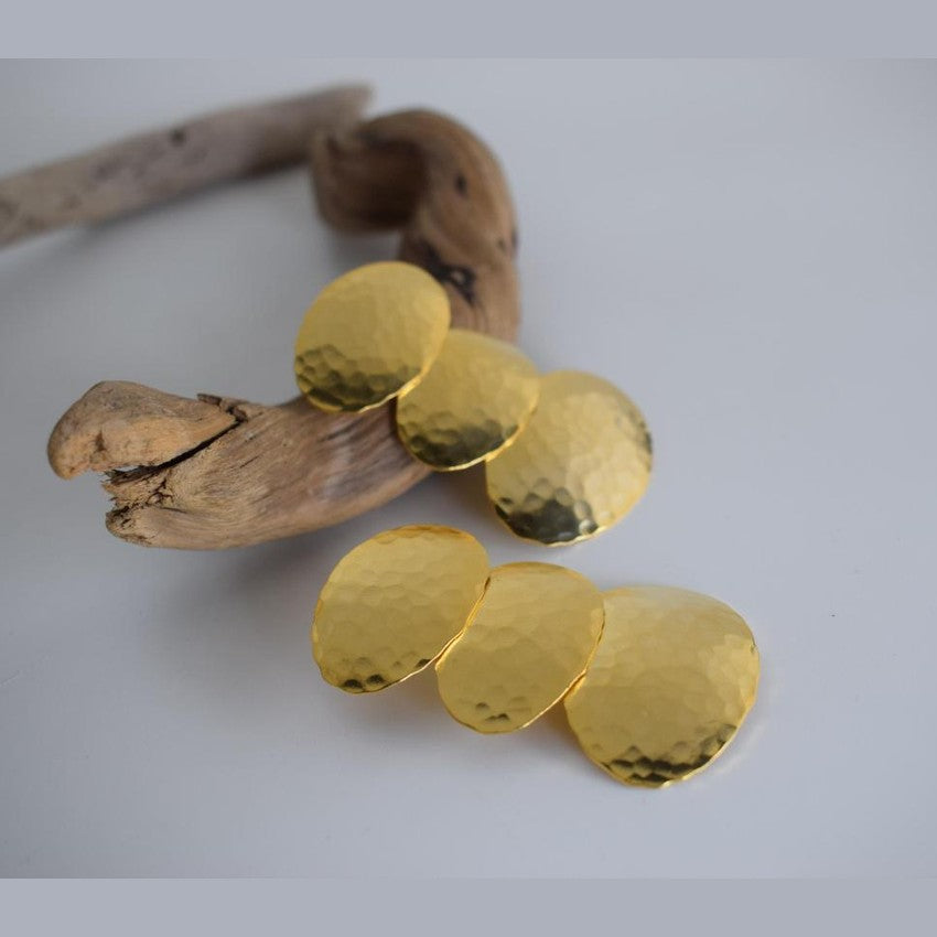 Dimitra earrings in handmade Greek hammered jewelry design, available in 18K gold plated and 18K silver plated.