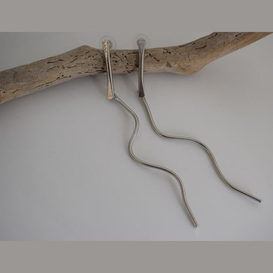 Delphi3 earrings in handmade Greek hammered jewelry, shown in a long organic design and available in 18K gold plated and silver plated finishes.