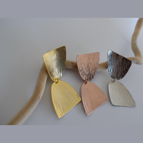 Ionia earrings, geometric hammered design, Greek hammered jewelry, handmade, available in 18K gold plated, silver plated, or rose gold plated