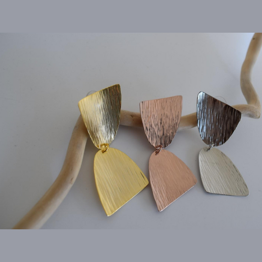 Ionia earrings, geometric hammered design, Greek hammered jewelry, handmade, available in 18K gold plated, silver plated, or rose gold plated