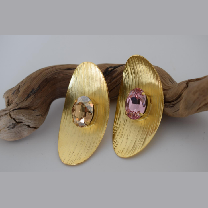 Aphrodite earrings, hammered oval design with crystals, Greek hammered jewelry, handmade, available in 18K gold plated, silver plated, or rose gold plated