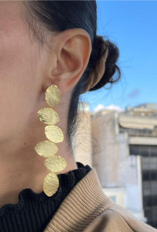 Trifyllon Earrings – Greek Hammered Jewelry – Available in 18K Gold, Silver, and Rose Gold Plated. Cascading hammered leaf design inspired by ancient Greek nature symbolism.