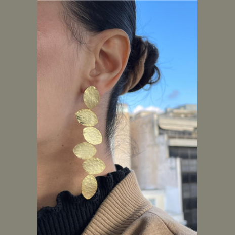 Trifyllon Earrings – Greek Hammered Jewelry – Available in 18K Gold, Silver, and Rose Gold Plated. Cascading hammered leaf design inspired by ancient Greek nature symbolism.