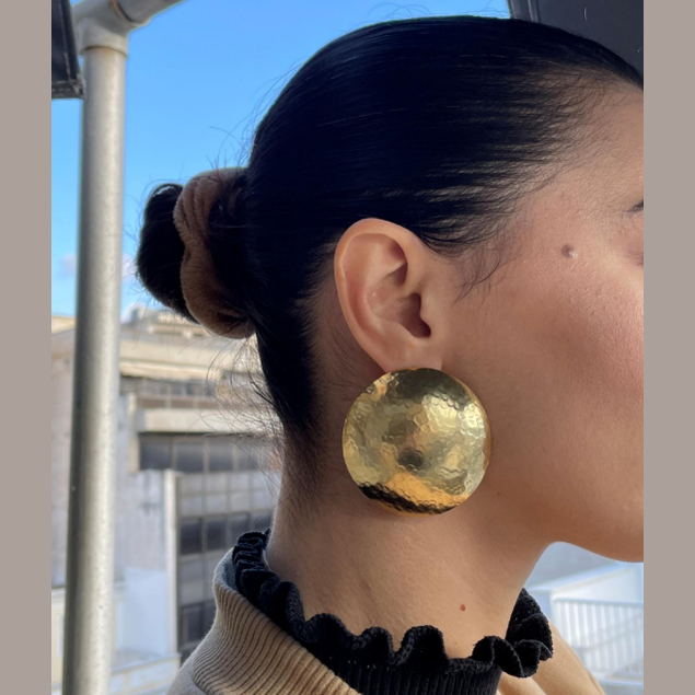 Diskos earrings, large round hammered design, Greek hammered jewelry, handmade, available in 18K gold plated, silver plated, or rose gold plated