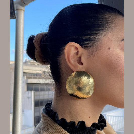 Diskos earrings, large round hammered design, Greek hammered jewelry, handmade, available in 18K gold plated, silver plated, or rose gold plated