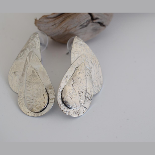 Galatea earrings, double teardrop design, Greek hammered jewelry, handmade, available in 18K gold plated, silver plated, or rose gold plated