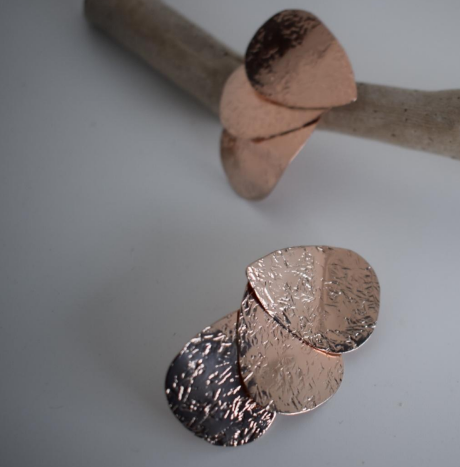 Trifyllon earrings – Greek hammered jewelry – 18K gold or silver plated triple leaf design.