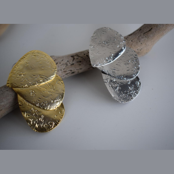 Trifyllon earrings – Greek hammered jewelry – 18K gold or silver plated triple leaf design.