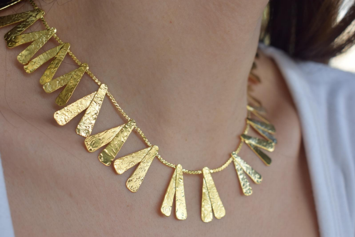 : Alcyone necklace – Greek hammered jewelry – 18K gold or silver plated – hammered drop plates – statement necklace