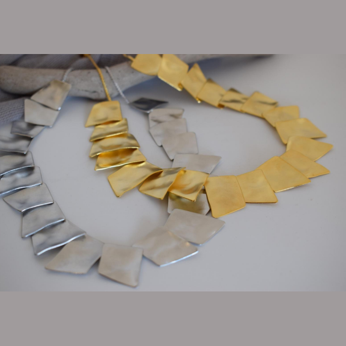 Aspida necklace – Greek hammered jewelry – 18K gold or silver plated – geometric statement design with bold hammered plates – also available in rose gold