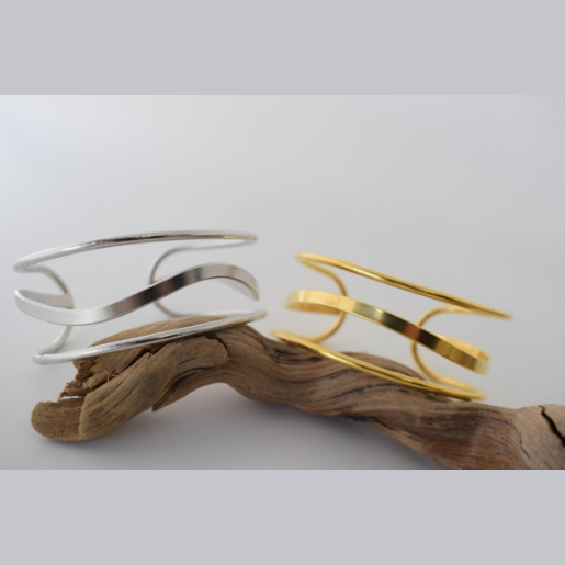 Ocean Bracelet – Greek Hammered Jewelry – Available in 18K Gold, Silver, and Rose Gold Plated. Wavy hammered design inspired by Okeanos and the eternal sea.