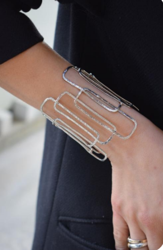 Geometria Bracelet – Greek Hammered Jewelry – Available in 18K Gold, Silver, and Rose Gold Plated. Interlocking hammered rectangles inspired by Greek geometry.