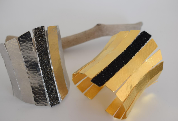 Ravdos Bracelet – Greek hammered jewelry – 18K gold or silver plated – wide cuff with hammered panels and Swarovski