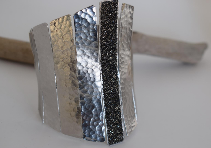 Ravdos Bracelet – Greek hammered jewelry – 18K gold or silver plated – wide cuff with hammered panels and Swarovski