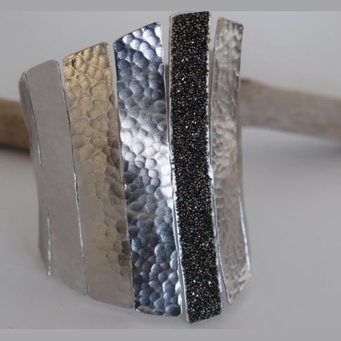 Ravdos Bracelet – Greek hammered jewelry – 18K gold or silver plated – wide cuff with hammered panels and crystals