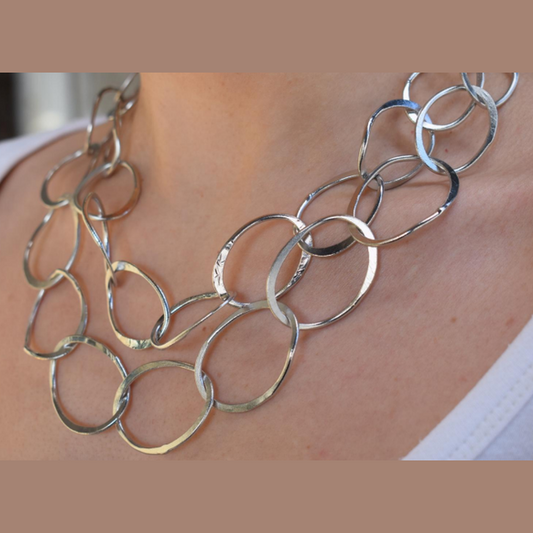 Kyklikon necklace – Greek hammered jewelry – 18K gold, silver, or rose gold plated – interlinked hammered circle design