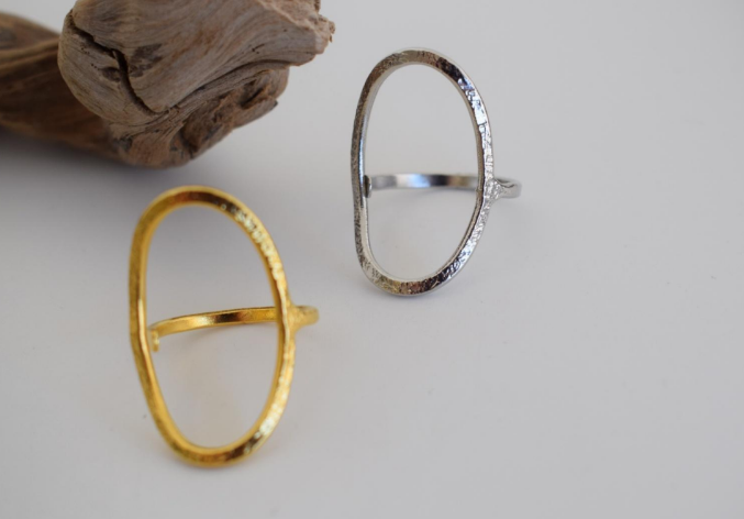 Krikos Ring – Greek hammered jewelry – 18K gold or silver plated – open oval hammered design ring