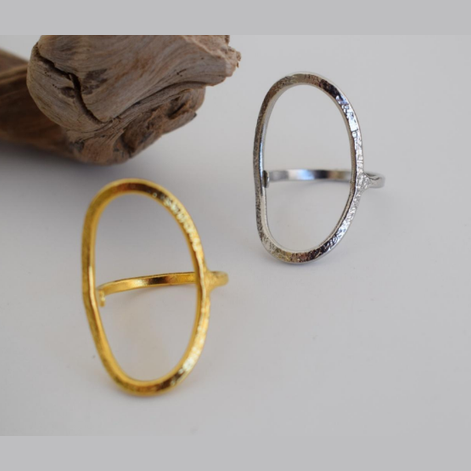 Krikos Ring – Greek hammered jewelry – 18K gold or silver plated – open oval hammered design ring