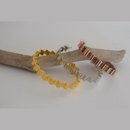 Rhythmis earrings, wavy hoop hammered design, Greek hammered jewelry, handmade, available in 18K gold plated, silver plated, or rose gold plated