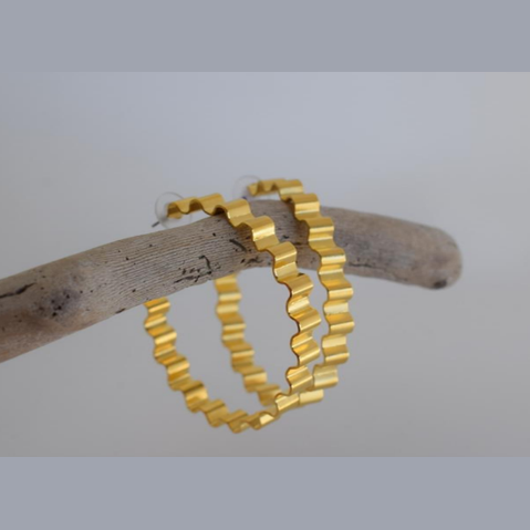 Rhythmis earrings, wavy hoop hammered design, Greek hammered jewelry, handmade, available in 18K gold plated, silver plated, or rose gold plated