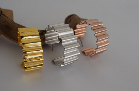 Rythmos earrings, wave-shaped hammered design, Greek hammered jewelry, handmade, available in 18K gold plated, silver plated, or rose gold plated