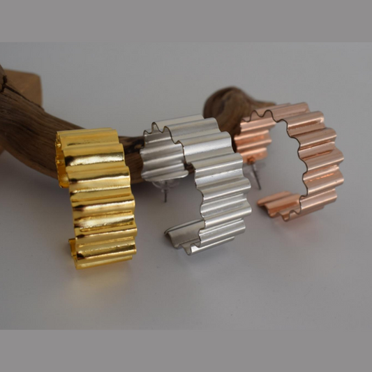 Rythmos earrings, wave-shaped hammered design, Greek hammered jewelry, handmade, available in 18K gold plated, silver plated, or rose gold plated