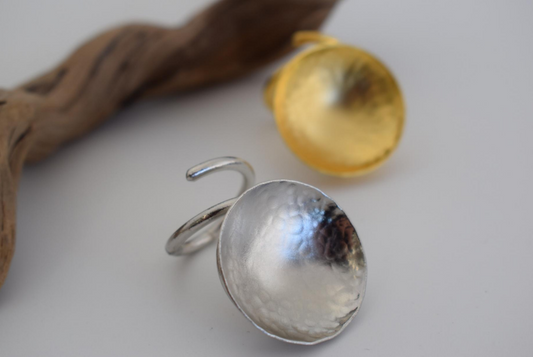 Eos Ring – Greek Hammered Jewelry – Available in 18K Gold, Silver, and Rose Gold Plated. Hammered circular design, adjustable, hypoallergenic, inspired by the goddess of dawn.