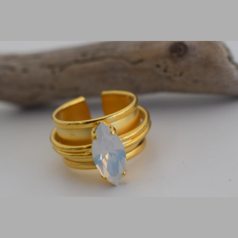 Nefeli Ring – Greek hammered jewelry – 18K gold or silver plated with crystal – wide hammered band ring