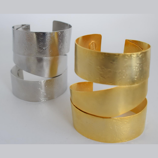 Aenaon bracelet, wide spiral hammered cuff, Greek hammered jewelry, handmade, available in 18K gold plated or silver plated