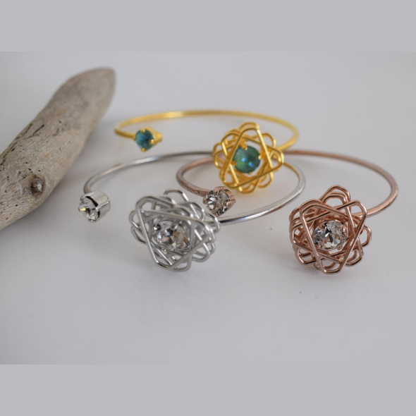 Evanthos Bracelet – Greek hammered jewelry – 18K gold or silver plated with crystals – open cuff hammered flower design