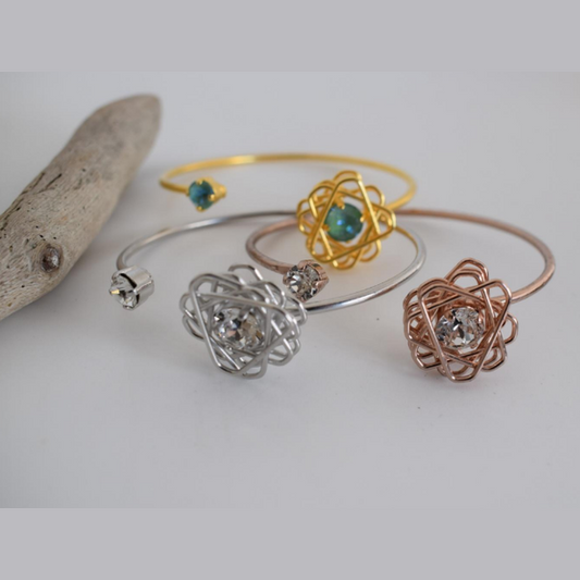 Evanthos Bracelet – Greek hammered jewelry – 18K gold or silver plated with crystals – open cuff hammered flower design