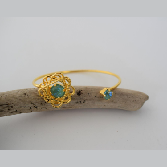 Evanthos Bracelet – Greek hammered jewelry – 18K gold or silver plated with crystals – open cuff hammered flower design