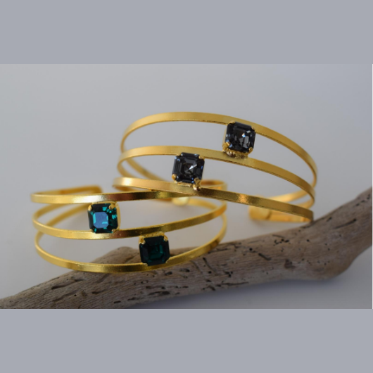 Hesperides Bracelet – Greek Hammered Jewelry – Available in 18K Gold, Silver, and Rose Gold Plated With Crystal. Double-band hammered design inspired by the nymphs of Greek mythology.