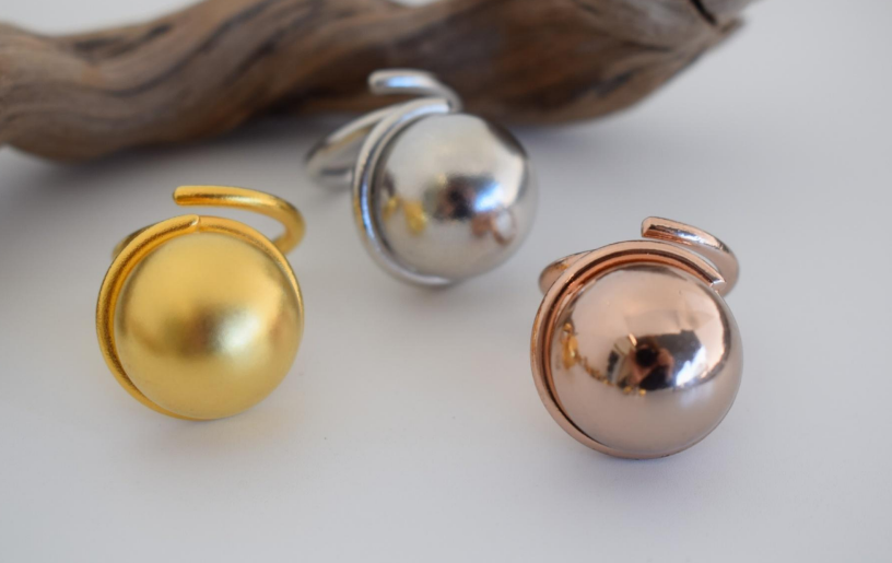 Planet Ring — Greek hammered jewelry, 18K gold or silver plated, open band with polished sphere
