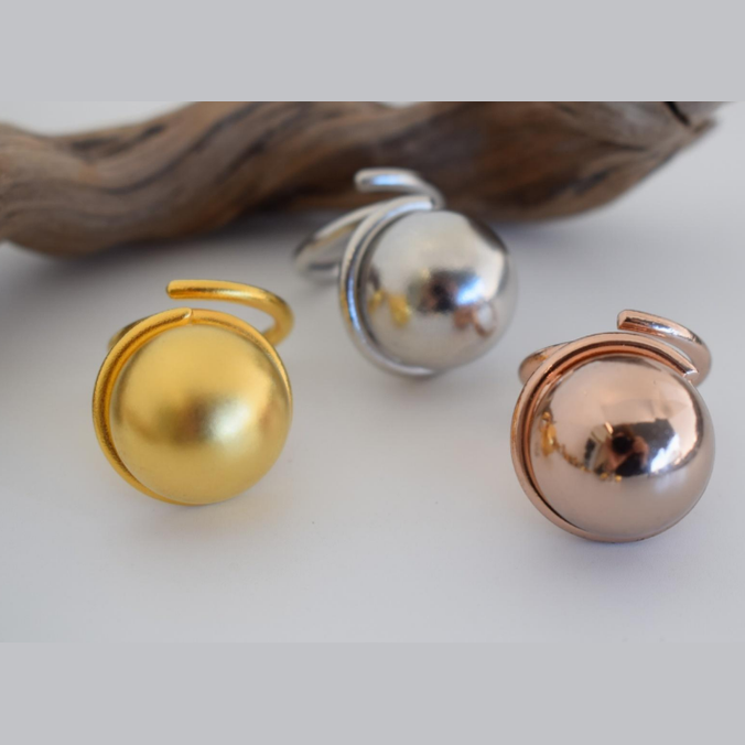 Planet Ring — Greek hammered jewelry, 18K gold or silver plated, open band with polished sphere