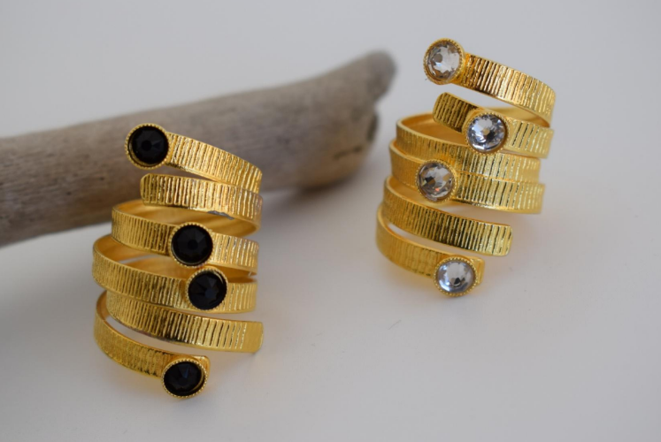 Aetheras Ring – Greek Hammered Jewelry – Available in 18K Gold, Silver, and Rose Gold Plated With Crystal. Spiral hammered design, adjustable, hypoallergenic, handcrafted.