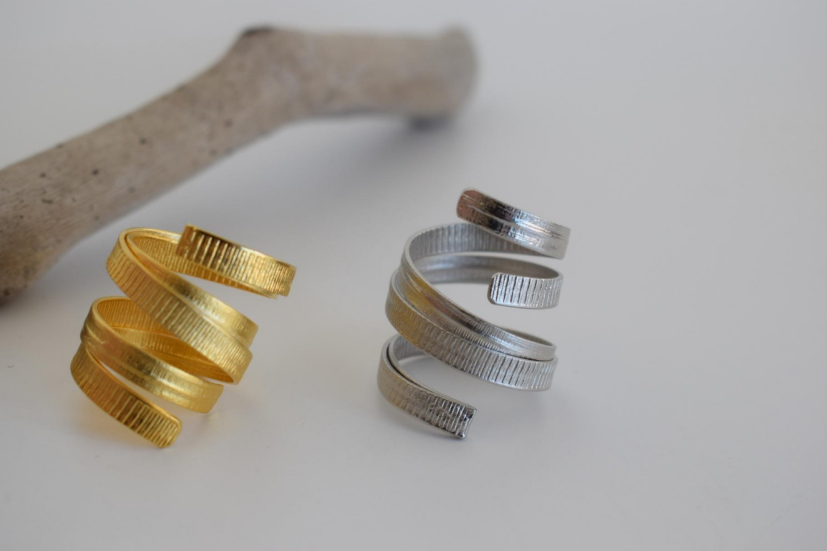 Helion Ring – Greek Hammered Jewelry – Available in 18K Gold, Silver, and Rose Gold Plated. Handmade spiral hammered design inspired by the ancient Greek sun symbol.