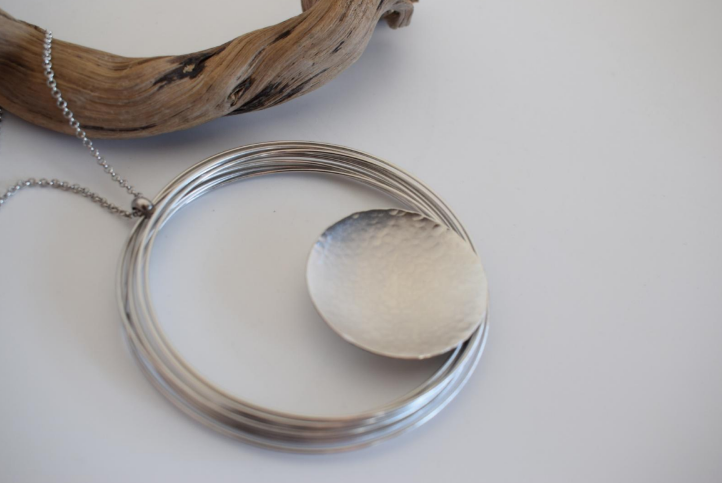 Selene necklace, hammered circular pendant, Greek hammered jewelry, available in 18K gold plated, silver plated, or rose gold plated