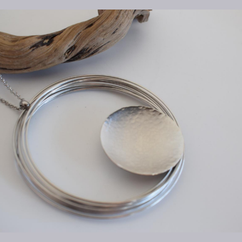 Selene necklace, hammered circular pendant, Greek hammered jewelry, available in 18K gold plated, silver plated, or rose gold plated