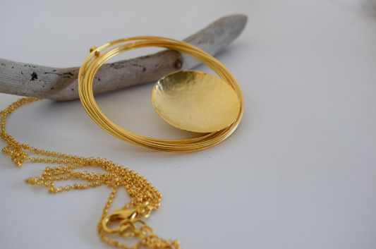 Selene necklace, hammered circular pendant, Greek hammered jewelry, available in 18K gold plated, silver plated, or rose gold plated