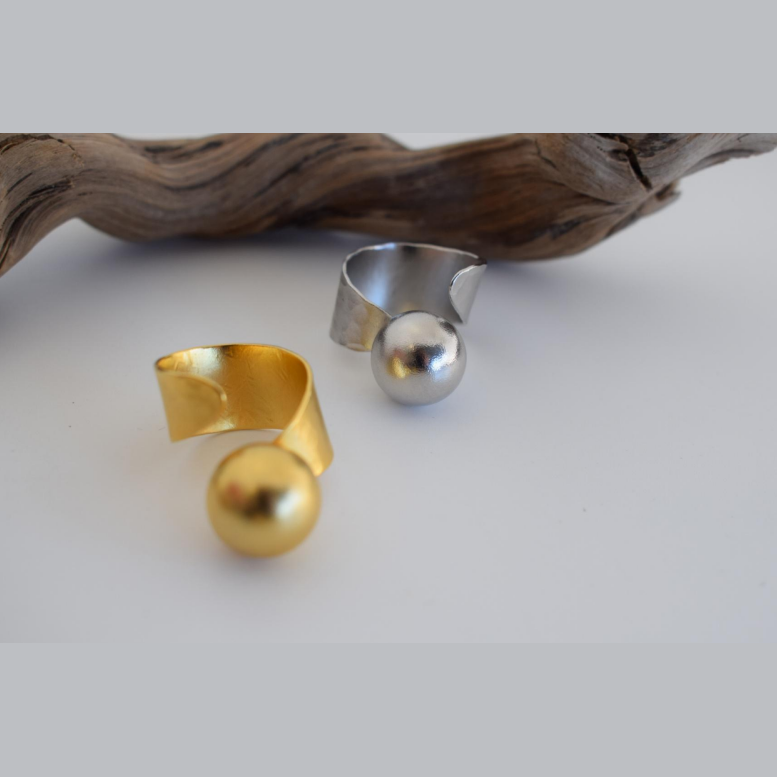 Atlas Ring – Greek hammered jewelry – 18K gold or silver plated – wide open band with spherical detail