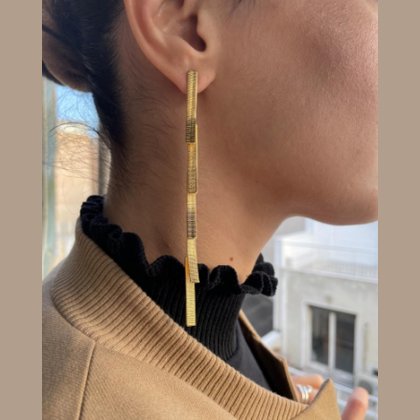 Aetheras Earrings – Greek Hammered Jewelry – Available in 18K Gold, Silver, and Rose Gold Plated. Slender hammered lines inspired by the Greek concept of Aether.