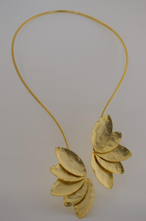 Handmade open choker necklace with layered hammered petal shapes inspired by the golden flower in ancient Greek culture, available in gold, silver, or rose gold plating.