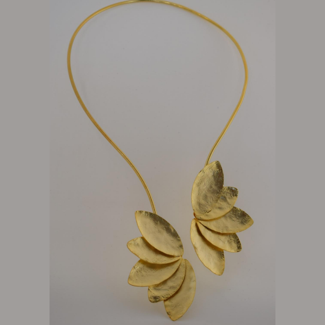 Olive Petal necklace, handmade Greek hammered jewelry available in 18K gold and silver plated.