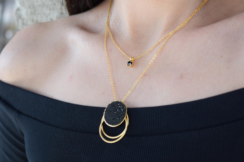 Handcrafted Selene necklace, Greek hammered jewelry, 18K gold or silver plated, circular pendant with Swarovski crystal stone